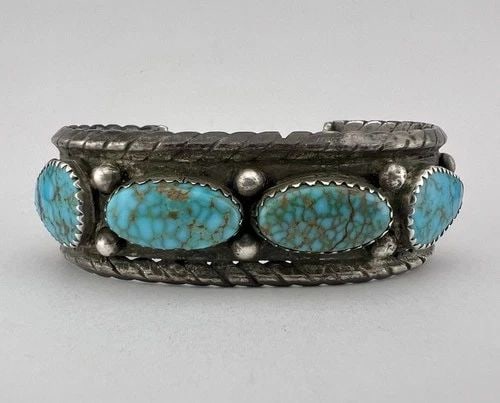 OLD 1930'S NAVAJO INGOT COIN SILVER WEBBED TURQUOISE STAMPED CUFF BRACELET 80.6G (1 of 2)