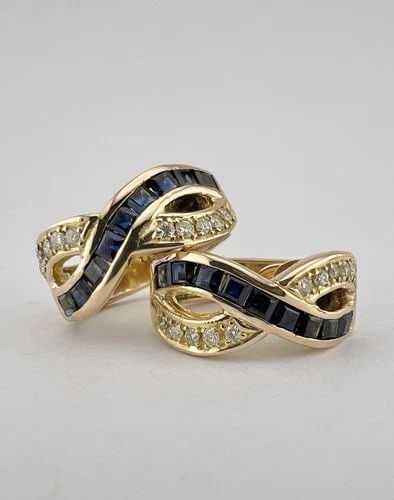 14K YELLOW GOLD CHANNEL SET BAGUETTE SAPPHIRE & DIAMOND INFINITY POST EARRINGS (1 of 2)