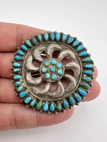 OLD 1920'S ZUNI STERLING SILVER PETIT POINT TURQUOISE CLUSTER PIN BROOCH 2.25" (1 of 2)