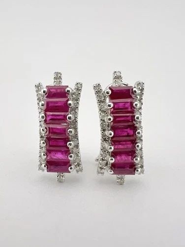 DESIGNER 14K WHITE GOLD RUBY & DIAMOND OMEGA BACK POST STUD EARRINGS (1 of 2)