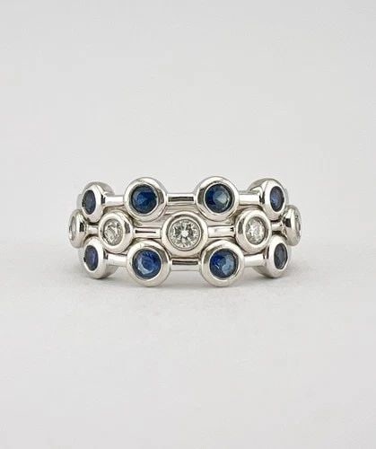 3 - DESIGNER 14K WHITE GOLD NATURAL SAPPHIRE & DIAMOND STACKING STACK BAND RING (1 of 2)