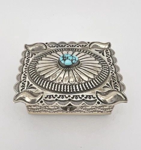 VTG NAVAJO SUNSHINE REEVES STERLING SILVER SPIDERWEB TURQUOISE STAMPED BOX #2 (1 of 2)