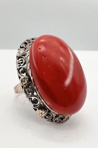 ANTIQUE VICTORIAN 14K GOLD SILVER OX BLOOD MEDITERRANEAN CORAL FLOWER RING 11.5G: ANTIQUE VICTORIAN 14K GOLD SILVER OX BLOOD MEDITERRANEAN CORAL FLOWER RING 11.5G Antique Victorian 14k Gold & Silver Ox Blood Mediterranean Coral Flower Ring 11.5g Size: 5.75 - Can be Resized Weight i
