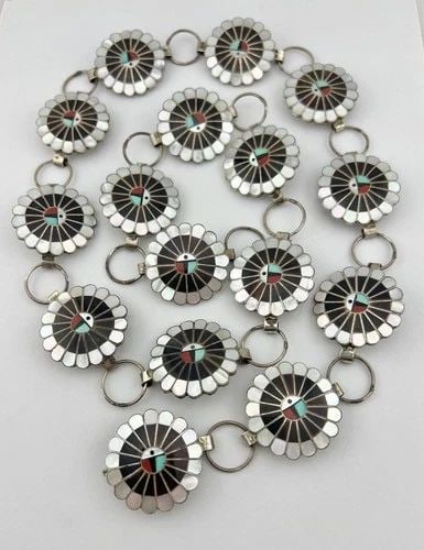 VINTAGE ZUNI STERLING SILVER FLUSH MULTI GEMSTONES SUNFACE CONCHO BELT 35" (1 of 2)