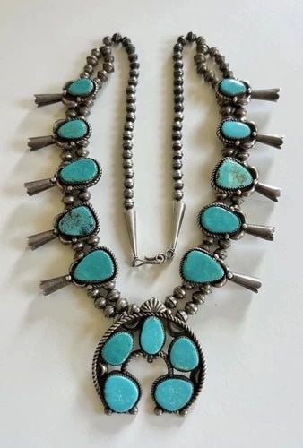 VTG NAVAJO STERLING SILVER BLUE FOX TURQUOISE SQUASH BLOSSOM NECKLACE 28" -137G: VTG NAVAJO STERLING SILVER BLUE FOX TURQUOISE SQUASH BLOSSOM NECKLACE 28" -137G Vtg Navajo Sterling Silver Blue Fox Turquoise Squash Blossom Necklace 28" -137g This Amazing necklace features huge spec