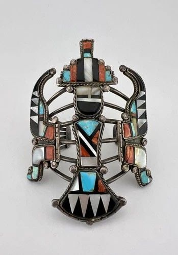 HUGE 4" VTG ZUNI STERLING SILVER MULTI GEM KNIFEWING KACHINA CUFF BRACELET 84.5G: HUGE 4" VTG ZUNI STERLING SILVER MULTI GEM KNIFEWING KACHINA CUFF BRACELET 84.5G HUGE 4" Vtg Zuni Sterling Silver Multi Gem Knifewing Kachina Cuff Bracelet 84.5g Cuff is 5 1/7" tip to Tip and has a 1 