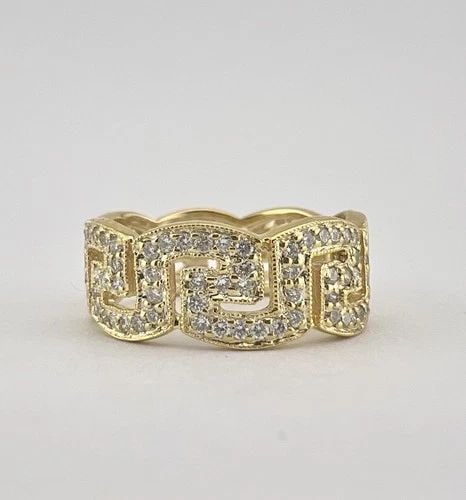 DESIGNER 18K YELLOW GOLD PAVE SET DIAMOND GREEK KEY HALF BAND RING: DESIGNER 18K YELLOW GOLD PAVE SET DIAMOND GREEK KEY HALF BAND RING Designer 18k Yellow Gold Pave Set Diamond Greek Key Half Band Ring Ring Size: 6.25 - Can Be Resized Metal: 18k Yellow Gold - Hallmark