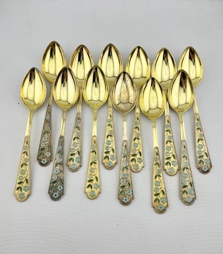 (12) VINTAGE RUSSIAN SOVIET 875 GILT GOLD SILVER ENAMEL FLORAL SPOONS 275G (1 of 2)