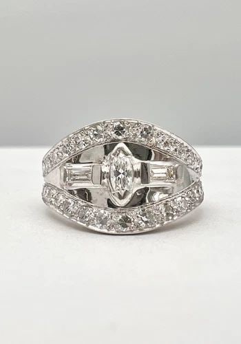 ANTIQUE ART DECO 14K WHITE GOLD MARQUISE & BAGUETTE & ROUND DIAMOND RING: ANTIQUE ART DECO 14K WHITE GOLD MARQUISE & BAGUETTE & ROUND DIAMOND RING Antique Art Deco 14K White Gold Marquise & Baguette & Round Diamond Ring 7.7g Ring Size: 8.5 - By Face of The Ring is 12mm (1/2