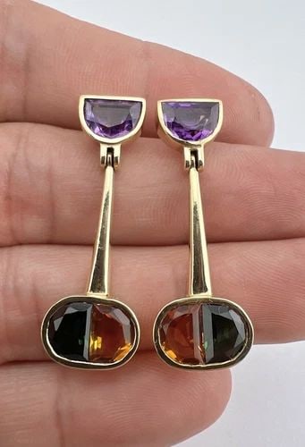 DESIGNER MODERNIST 14K YELLOW GOLD MULTI GEMSTONE DANGLE POST STUD EARRINGS 7.2G (1 of 2)