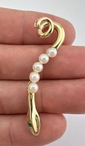DESIGNER 14K YELLOW GOLD PEARL & EMERALD 3D COILED SNAKE PENDANT 7G (1 of 2)