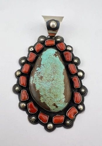 HUGE 4.75" CHIMNEY BUTTE NAVAJO STERLING SILVER TURQUOISE & CORAL PENDANT 91.8G: HUGE 4.75" CHIMNEY BUTTE NAVAJO STERLING SILVER TURQUOISE & CORAL PENDANT 91.8G HUGE 4.75" Chimney Butte Navajo Sterling Silver Turquoise & Coral Pendant 91.8g Size: 4 3/4" Tall With bail by Around 3"