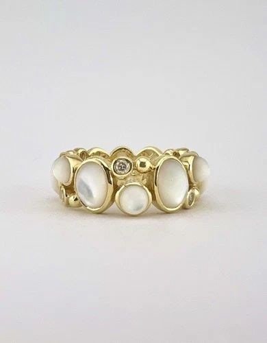 ELIZABETH SHOWERS 18K YELLOW GOLD MOTHER OF PEARL & DIAMOND ETERNITY RING SIZE:7: ELIZABETH SHOWERS 18K YELLOW GOLD MOTHER OF PEARL & DIAMOND ETERNITY RING SIZE:7 Elizabeth Showers 18K Yellow Gold Mother Of Pearl & Diamond Eternity Ring Ring Size: 7 Total Weight is 7.0 Grams on my 