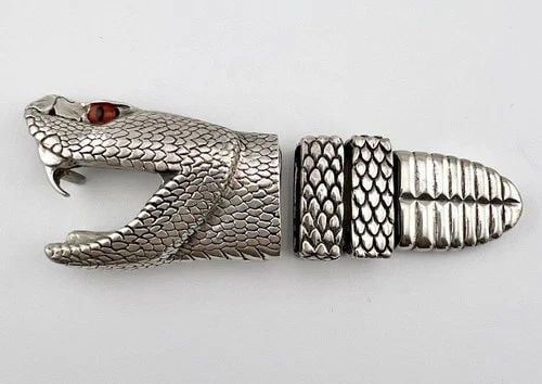 RARE VTG STERLING SILVER RATTLE SNAKE HEAD GLASS EYE 4 PIECE RANGER BELT BUCKLE (1 of 2)