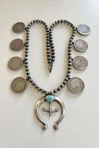 VTG NAVAJO SILVER WALKING LIBERTY HALF DOLLAR TURQUOISE SQUASH BLOSSOM NECKLACE: VTG NAVAJO SILVER WALKING LIBERTY HALF DOLLAR TURQUOISE SQUASH BLOSSOM NECKLACE Vtg Navajo Silver Walking Liberty Half Dollar Turquoise Squash Blossom Necklace This Amazing necklace features huge spec