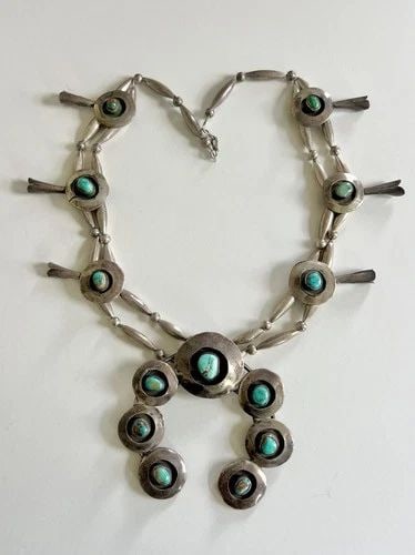 VTG NAVAJO STERLING SILVER ROYSTON TURQUOISE SHADOWBOX SQUASH BLOSSOM NECKLACE: Vtg Navajo Sterling Silver Royston Turquoise Shadowbox Squash Blossom Necklace 23" This Amazing necklace features huge specimens of Natural High Grade Royston Turquoise, secure in a Smooth bezel. Neck