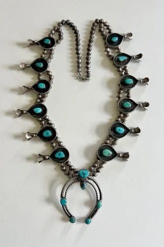 OLD PAWN NAVAJO STERLING SILVER BLUE GEM TURQUOISE SQUASH BLOSSOM NECKLACE 27": OLD Pawn Navajo Sterling Silver Blue Gem Turquoise Squash Blossom Necklace 27" This Amazing necklace features huge specimens of Blue Gem Turquoise, secure in a Smooth bezel. Necklace has 6mm Wide Hand
