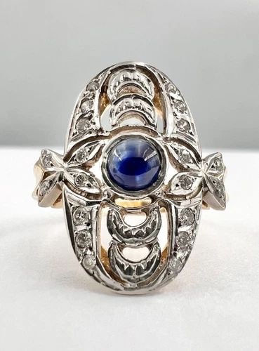 ANTIQUE VICTORIAN 14K GOLD CABOCHON SAPPHIRE & DIAMOND FILIGREE RING: Antique Victorian 14K Gold Cabochon Sapphire & Diamond Filigree Ring Size: 7.5 Weight is 5.5 Grams on my scale Metal: 14k Yellow and white Gold Top - Tested And Confirmed Amazing Old Cut Cabochon Blue