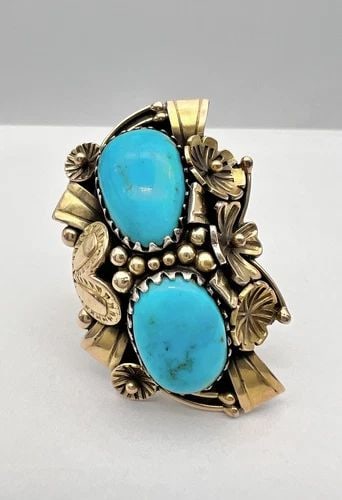 VTG NAVAJO STERLING SILVER & 14K GOLD LONE MOUNTAIN TURQUOISE STAMPED RING #2: VTG NAVAJO STERLING SILVER & 14K GOLD LONE MOUNTAIN TURQUOISE STAMPED RING #2 Vtg Navajo Sterling Silver & 14k Gold Lone Mountain Turquoise Stamped Ring #2 Ring Size: 7.25 Weight is 23.6 Grams on my s