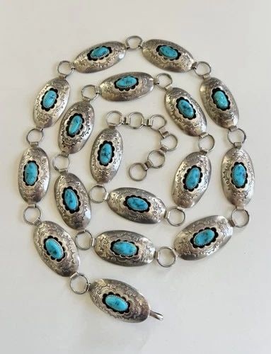 VTG NAVAJO STERLING SILVER SLEEPING BEAUTY TURQUOISE SHADOWBOX CONCHO BELT 39.5": Vtg Navajo Sterling Silver Sleeping Beauty Turquoise Shadowbox Concho Belt 39.5" Belt Size: 39.5" - Tip To Tip - Adjustable In Size Buckle / Concho Size: 1 5/8" Wide By 7/8" Tall Metal: Sterling Silve