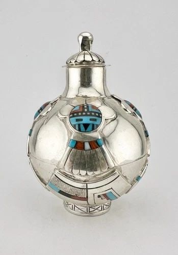 VTG NAVAJO STERLING SILVER MULTIGEM SUNFACE DETAILED STAMPED VASE JAR CONTAINER (1 of 2)