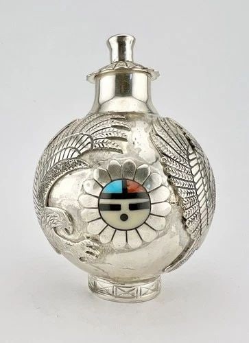 RARE NAVAJO STERLING SILVER MULTI GEMS EAGLE SUNFACE DETAILED VASE JAR CONTAINER: RARE NAVAJO STERLING SILVER MULTI GEMS EAGLE SUNFACE DETAILED VASE JAR CONTAINER RARE Vintage Navajo Sterling Silver Multi Gems Sunface Detailed Stamped Urn Vase Jar Container Size: 2" Wide & Around 3