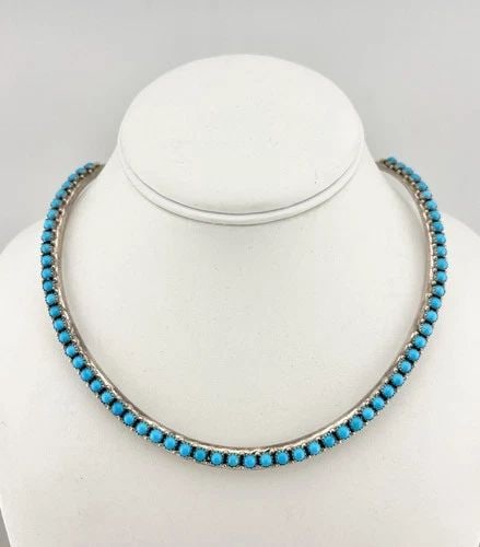 RARE MARK YAZZIE NAVAJO STERLING SILVER SNAKE EYE TURQUOISE ROW COLLAR NECKLACE: RARE MARK YAZZIE NAVAJO STERLING SILVER SNAKE EYE TURQUOISE ROW COLLAR NECKLACE RARE Mark Yazzie Navajo Sterling Silver Snake Eye Turquoise Row Collar Necklace Necklace measures 14" Tip To tip (End to