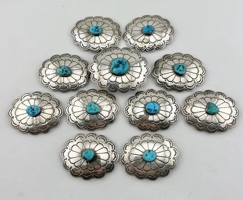 VINTAGE NAVAJO STERLING SILVER SLEEPING BEAUTY TURQUOISE STAMPED 11 CONCHO BELT: VINTAGE NAVAJO STERLING SILVER SLEEPING BEAUTY TURQUOISE STAMPED 11 CONCHO BELT Vintage Navajo Sterling Silver Sleeping Beauty Turquoise Stamped 11 Concho Belt Buckle Size: 2 1/8" Wide by 1 5/8" Tall 