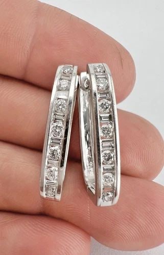 DESIGNER 14K WHITE GOLD 1.00CT ROUND & BAGUETTE DIAMOND LONG HOOP POST EARRINGS (1 of 2)