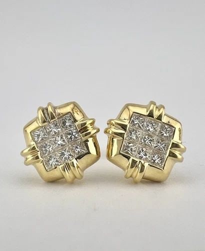 LEVIAN 18K YELLOW GOLD INVISIBLE SET PRINCESS CUT DIAMOND POST EARRINGS (1 of 2)