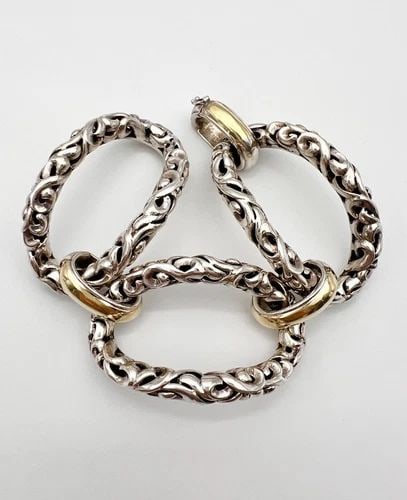 CHARLES KRYPELL STERLING SILVER & 14K & 18K GOLD WIDE SCROLL LINK BRACELET 84.5G (1 of 2)