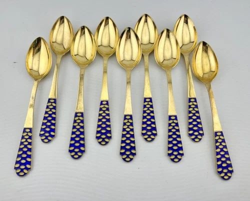 (9) VINTAGE RUSSIAN SOVIET 916 GILT SILVER BLUE & YELLOW ENAMEL SPOONS 214G (1 of 2)