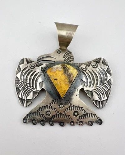 HUGE CHIMNEY BUTTE NAVAJO STERLING SILVER BUMBLEBEE JASPER THUNDERBIRD PENDANT (1 of 2)
