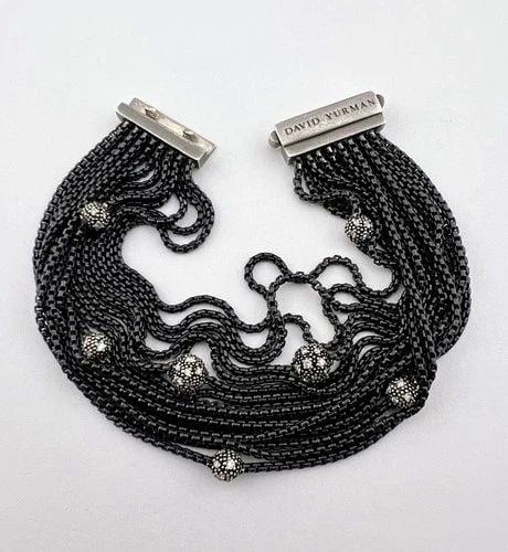 DAVID YURMAN STERLING SILVER OXIDIZED 16 STRAND BOX CHAIN DIAMOND BALL BRACELET: DAVID YURMAN STERLING SILVER OXIDIZED 16 STRAND BOX CHAIN DIAMOND BALL BRACELET RARE David Yurman Sterling Silver Oxidized 16 Strand Box Chain Diamond Ball Bracelet Bracelet Size: 7.5" Long by Around 