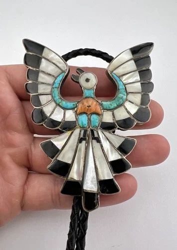 OLD ZUNI DIXON SHEBALA STERLING SILVER THUNDERBIRD FLUSH INLAY BOLO TIE 3 5/8": OLD Zuni Dixon Shebala Sterling Silver Thunderbird Flush Inlay Bolo Tie 3 5/8" Size: 3 5/8" Tall by 3" Wide At The Top Weight is 61.9 Grams on my scale Metal: Sterling Silver Amazing Natural Turquoise