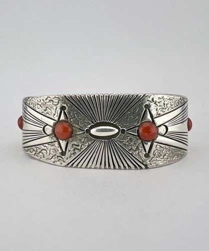 RARE JAKE LIVINGSTON ZUNI STERLING SILVER MEDITERRANEAN RED CORAL CUFF BRACELET (1 of 2)