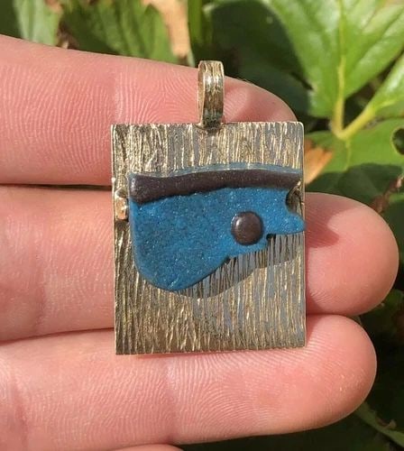 MODERNIST MID CENTURY ARTISAN 14K YELLOW GOLD & BLUE GLAZED CERAMIC PENDANT (1 of 2)