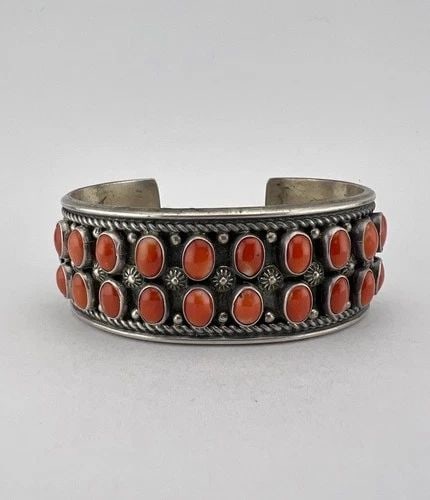 DELBERT GORDON NAVAJO STERLING SILVER MEDITERRANEAN CORAL STAMPED CUFF BRACELET (1 of 2)
