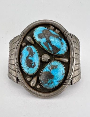 PHILLIP TSO NAVAJO STERLING SILVER BIRD EYE KINGMAN TURQUOISE CUFF BRACELET 107G (1 of 2)