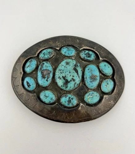 4.25" VTG NAVAJO STERLING SILVER MORENCI TURQUOISE SHADOWBOX BELT BUCKLE -104.5G: HUGE 4.25" Vtg Navajo Sterling Silver Morenci Turquoise Shadowbox Belt Buckle -104.5g Size: 4 1/4" Wide By 3 1/4" Tall Weight is 104.5 Grams on my scale Metal: Sterling Silver Amazing Stamped & Shadow