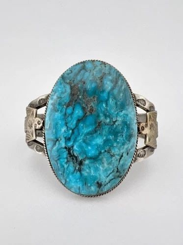 FRED HARVEY NAVAJO STERLING SILVER KINGMAN TURQUOISE THUNDERBIRD CUFF BRACELET (1 of 2)