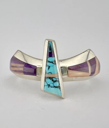 LARRY CASTILLO NAVAJO TURQUOISE & CORAL & SUGILITE STERLING SILVER CUFF BRACELET (1 of 2)