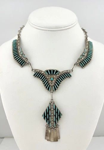 HUGE VTG RF ZUNI STERLING SILVER NEEDLE POINT TURQUOISE COLLAR DANGLE NECKLACE (1 of 2)