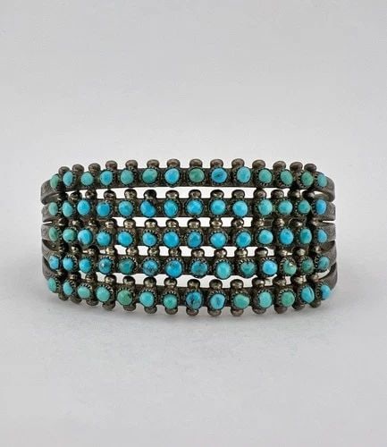 OLD 1930'S ZUNI STERLING SILVER TURQUOISE SNAKE EYE 5 ROW STAMPED CUFF BRACELET (1 of 2)