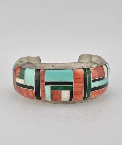 RICHARD BEGAY STERLING SILVER MULTI GEMSTONE FLUSH INLAY CUFF BRACELET 69.5G (1 of 2)