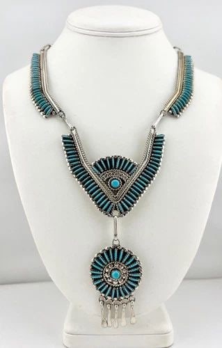 HUGE JASON YAZZIE NAVAJO STERLING SILVER TURQUOISE CLUSTER COLLAR NECKLACE 71G (1 of 2)