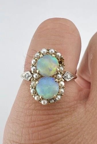 ANTIQUE VICTORIAN 14K YELLOW GOLD FIRE OPAL & SEED PEARL & DIAMOND HALO RING (1 of 2)