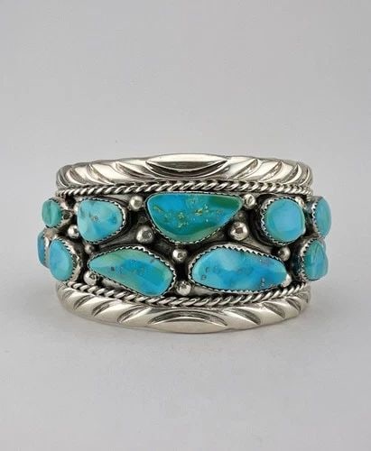 HUGE VTG NAVAJO STERLING SILVER ROYSTON TURQUOISE STAMPED CUFF BRACELET 102G: HUGE Vtg Navajo Sterling Silver Royston Turquoise Stamped Cuff Bracelet 102g Cuff is A Tad Over 6" tip to Tip and has a 1 1/4" Wide - Slightly Adjustable Gap Cuff Is Over 1 1/2" Wide In the Center Wei