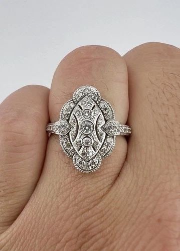 DESIGNER 14K WHITE GOLD NATURAL PAVE SET DIAMOND FILIGREE NAVETTE BAND RING: DESIGNER 14K WHITE GOLD NATURAL PAVE SET DIAMOND FILIGREE NAVETTE BAND RING Designer 14K White Gold Natural Pave Set Diamond Filigree Navette Band Ring Ring Size: 9 - Can Be Resized Metal: 14k White G