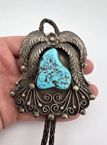 111.8G VTG NAVAJO VB STERLING SILVER SLEEPING BEAUTY TURQUOISE STAMPED BOLO TIE (1 of 2)